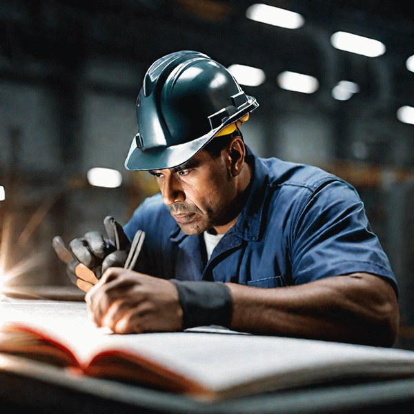 Крупный портрет сконцентрированного рабочего завода в каске и перчатках, изучающего подробную инструкцию по промышленной безопасности.